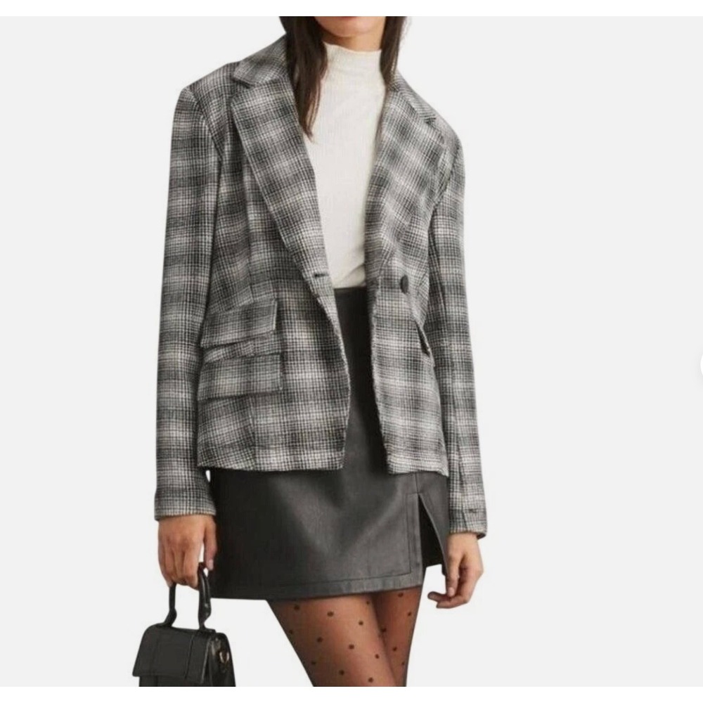 Maeve Anthropologie Womens Stretch Knit Blazer Black White Plaid Jacket XL Fall